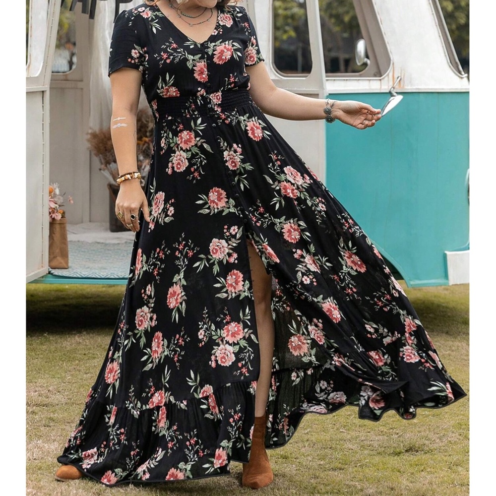 Plus Floral Print V neck Button Down Short Sleeve Maxi Dress